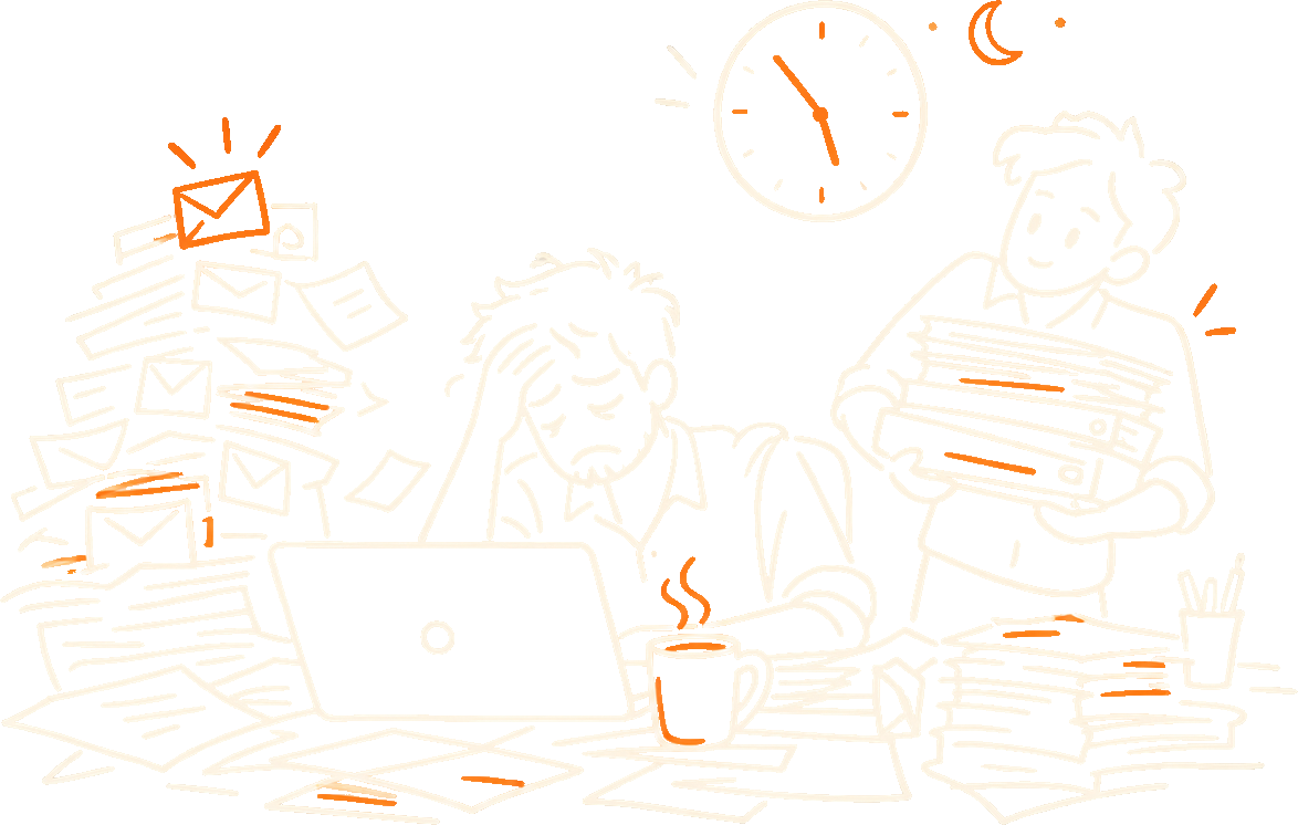 A tired person buried in papers late at night, and a hired helper carrying files