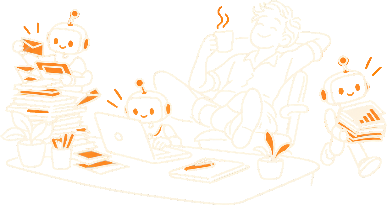 A relaxed person with tea while small friendly robots do the work